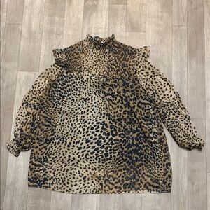 Womens Zara‎ Sheer Leopard Animal Print Ruffled Smocked Lined Mini Shift Dress